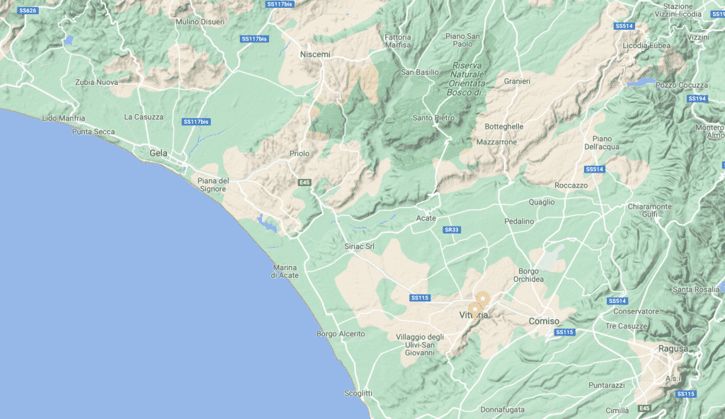 Mappa della Sicilia sud-orientale, area Vittoria-Gela.