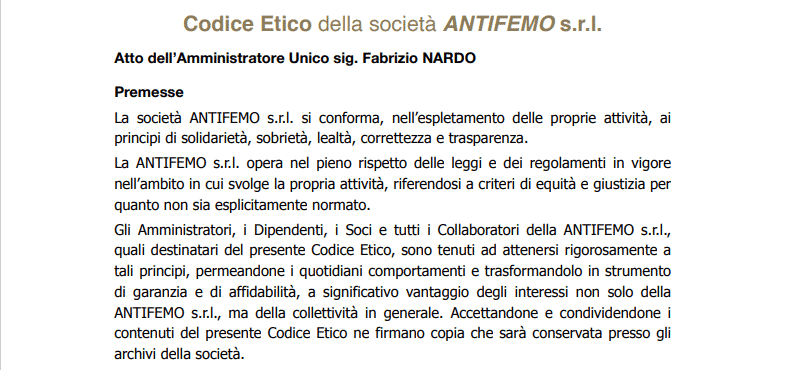 ANTIFEMO ADOTTA IL CODICE ETICO